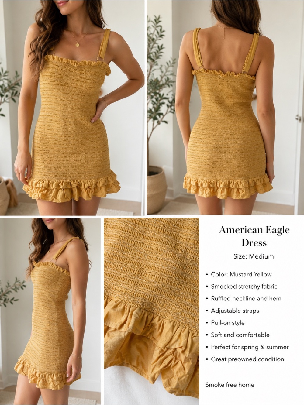 American Eagle Outfitters Mustard Yellow Smocked Ruffle Mini Dress